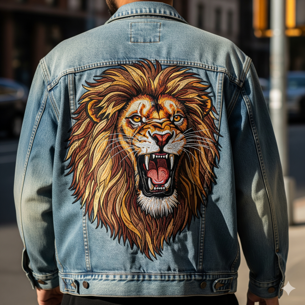 A person wearing a denim jacket with a large, intricate embroidered lion on the back, showcasing a bold and custom embroidery design in Singapore.