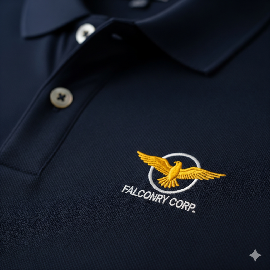 Close-up of a custom embroidered company logo on a polo shirt, demonstrating the high-quality and professional finish of ECEmbroid's corporate shirt embroidery services in Singapore.
