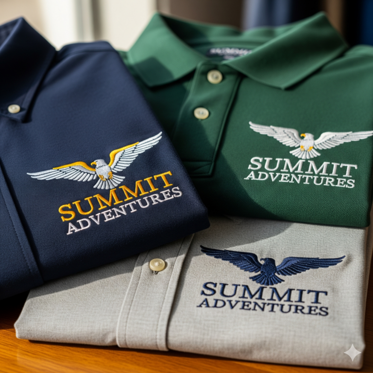 Professional embroidered shirts featuring a company logo, ideal for employee uniforms, corporate events, and promotional merchandise to enhance business branding.