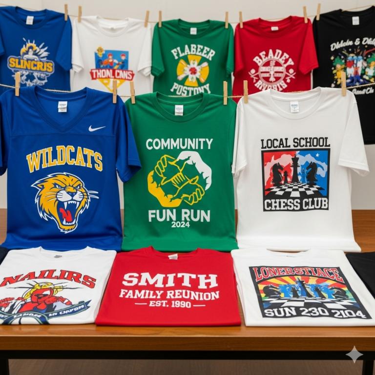 Custom silkscreen printing on apparel for team and group identity, featuring designs for sports teams, school groups, and charity events