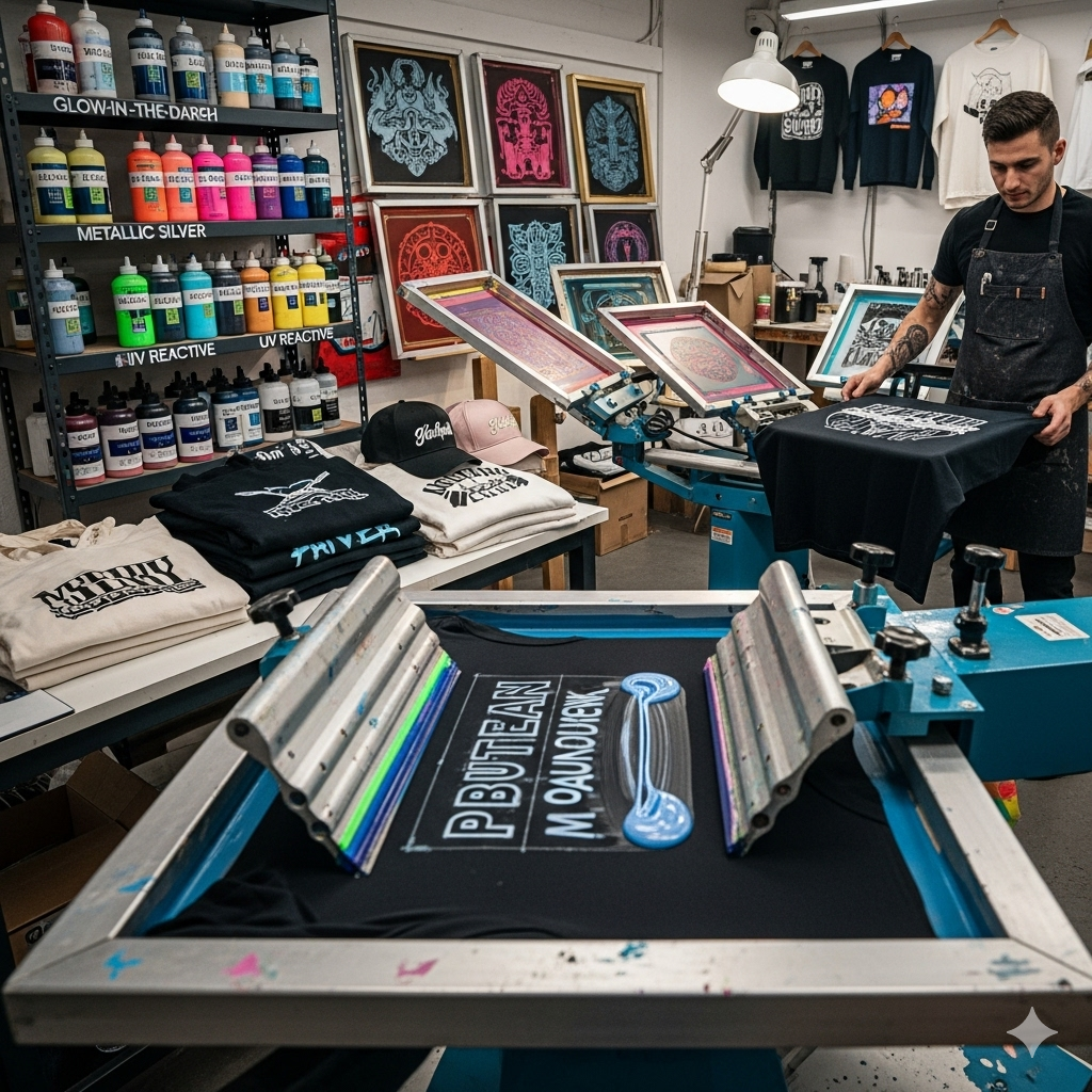 Silkscreen printing services with specialty ink options for custom apparel and garments